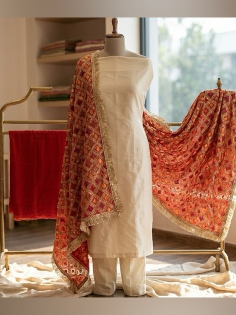 Stunning Red & Gold Phulkari-Style Chunni / Dupatta | Size: 72" x 40"